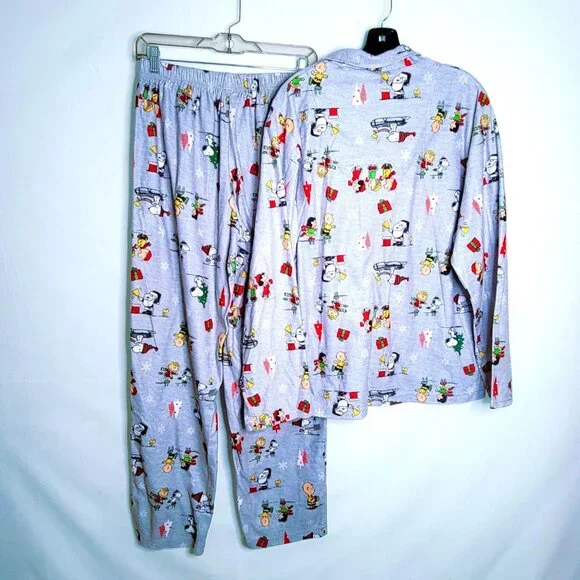 Peanuts Christmas Pajama Set Womens Large Gray Snoopy Charlie Brown Flannel PJs - Picture 2 of 16